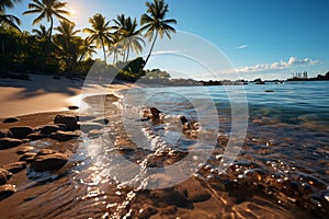 Tranquil summer retreat, tropical beach, blurred palms, sun-kissed sparkling waters