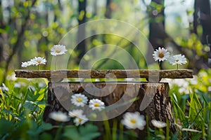 Tranquil Summer Scene with White Daisies on Rustic Wooden Bench in Sunlit Forest Clearing