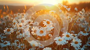 Tranquil summer sunset landscape with an extensive field covered in vibrant blooming daisies photo