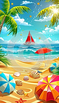 Tranquil sun kissed beach paradise with palm trees, crystal clear waters, and colorful umbrellas