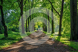 Tranquil sunlight shining through trees on path in beautiful lush forest setting