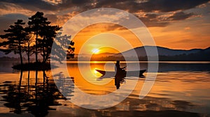 Tranquil Sunrise over a Calm Lake with a Lone Fisherman Silhouetted in a Small Boat. Generative Ai