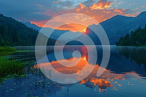 Tranquil Sunrise Over Mountain Lake with Reflective Waters and Vibrant Sky Generative AI