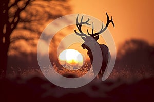 Tranquil sunrise Silhouette of a stag peacefully grazing in meadow