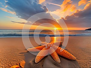 Tranquil Sunset at Beach with Orange Sky, Starfish, and Echinoderm