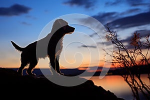 Tranquil sunset frames the silhouette of a loyal canine companion