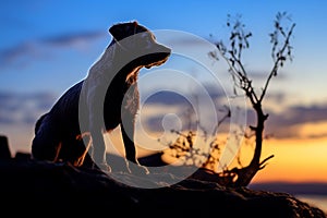 Tranquil sunset frames the silhouette of a loyal canine companion