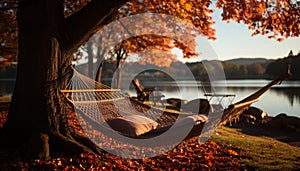 Tranquil sunset, hammock resting on autumn tree, nature beauty generated by AI