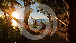 Tranquil sunset, hammock swing, palm tree, beach perfect vacation generated by AI