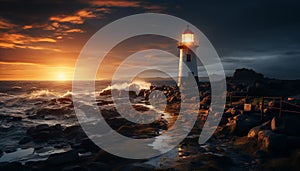 Tranquil sunset illuminates famous coastline, reflecting beauty in nature generated by AI