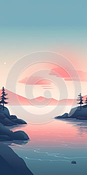 Tranquil Sunset Landscape Illustration: Vibrant Hikecore Mobile Wallpaper photo