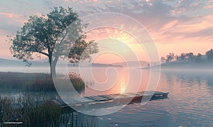 A tranquil sunset with a lone tree, wooden pier, and gentle waters Generate AI