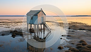 Tranquil sunset over abandoned boathouse reflects beauty in nature generated by AI