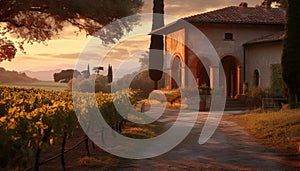 Tranquil sunset over ancient vineyard, a picturesque rural Italian landscape generated by AI