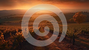 Tranquil sunset over Italian vineyard in autumn generated by AI