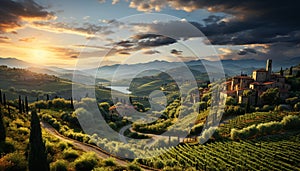 Tranquil sunset over Italian vineyard, a picturesque rural landscape generated by AI