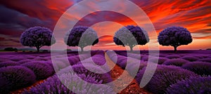 Tranquil sunset over lavender fields with captivating summer agriculture scenery view