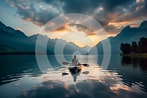 Tranquil sunset over mountains and lake, reflecting beauty of nature and transportation, young woman kayaking in crystal