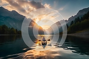 Tranquil sunset over mountains and lake, reflecting beauty of nature and transportation, young woman kayaking in crystal