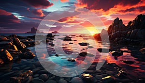 Tranquil sunset over rocky coastline, nature beauty generated by AI
