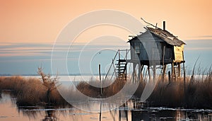 Tranquil sunset over water, old hut reflects nature beauty generated by AI