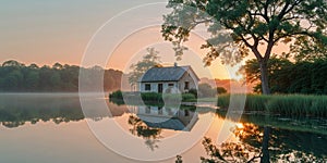 Tranquil sunset reflection by a lakeside cottage and tree