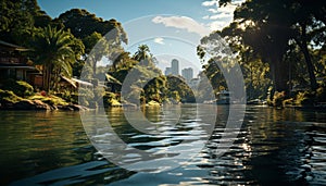 Tranquil sunset reflects on city skyline, nature beauty generated by AI