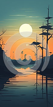 Tranquil Sunset: Retro Sci-fi Inspired Minimal Mobile Wallpaper
