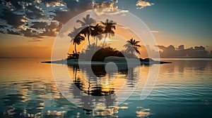 Tranquil Sunset Scene over Tropical Beach in an island with Palm Trees and calm sea, Reflecting Clouds