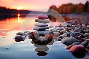 Tranquil sunset setting, Zen stones peacefully resting in shimmering water