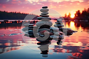 Tranquil sunset setting, Zen stones peacefully resting in shimmering water
