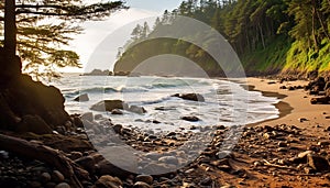 Tranquil sunset, waves crash on rocky coastline, nature beauty generated by AI