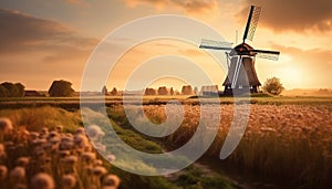 Tranquil sunset, windmill propels rustic landscape, nature beauty backlit generated by AI