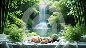 Serene Sushi by Waterfall: Tranquil Japanese Cuisine in Bamboo Forest