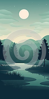 Tranquil Swamp Minimalistic Dark Teal Landscape Illustration