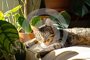 A tranquil tabby cat peacefully naps among indoor houseplants, bathed in the soothing warmth of sunlight