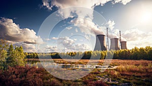 Tranquil Tapestry: Thermal Power Plant in Autumnal Landscape, generative ai