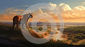 Tranquil Tiger On Hill At Sunset - Concept Art Commission