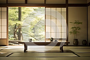 Tranquil traditional Japanese tea room with tatami mats, wooden table, ceramic teapot