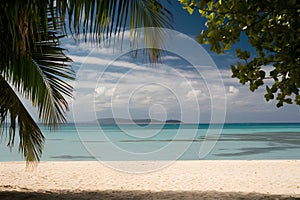 Tranquil tropical beach scene with sandy shore, peaceful ocean, distant island, and palm trees