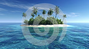 Tranquil tropical island with palm trees surrounded by a clear blue ocean, serene paradise.