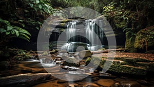 Tranquil tropical rainforest landscape, flowing water, blurred motion, clean environment generated by AI