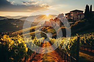 Tranquil tuscan vineyard an artistic portrayal of warm evening glow over the picturesque vines