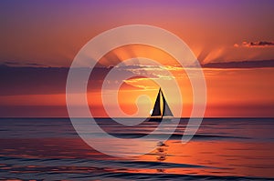 Tranquil Twilight: Sunset Cascading Over an Undulating Ocean, Distant Silhouette of a Solitary Sailboat on the Horizon