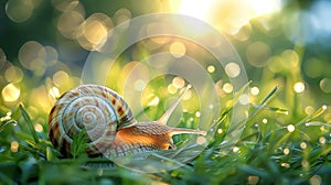 Tranquil upside down snail peacefully nestled in the midst of vibrant green grass