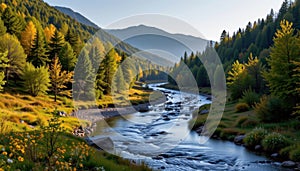 a tranquil valley with gently flowing river and dense forest on either side photo