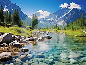 A tranquil valley, nestled between towering mountain peaks, a pristine alpine lake sparkles under the midday sun 02