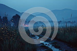Tranquil Valley Twilight Fireflies Glowing in Misty Mountain Landscape photo