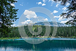 Tranquil view of Crestasee Lake in Grisons, Switzerland photo