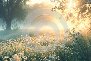 A tranquil view of an early spring meadow, mist delicately rising from the dew-drenched grass, the first light of morning casting